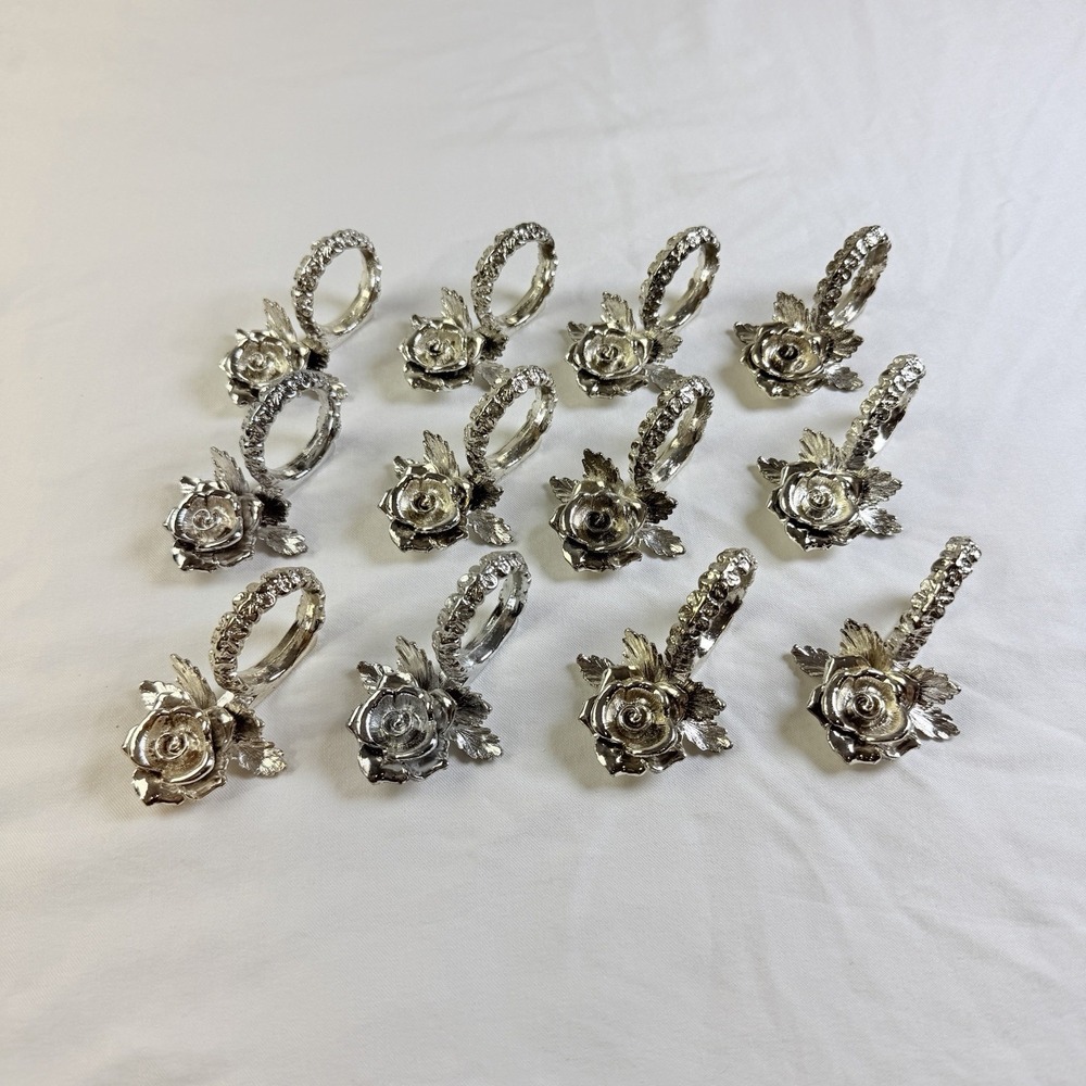 Vintage Silver Tone Rose Metal Holders Napkin Rings Set of 12 Floral Table Decor